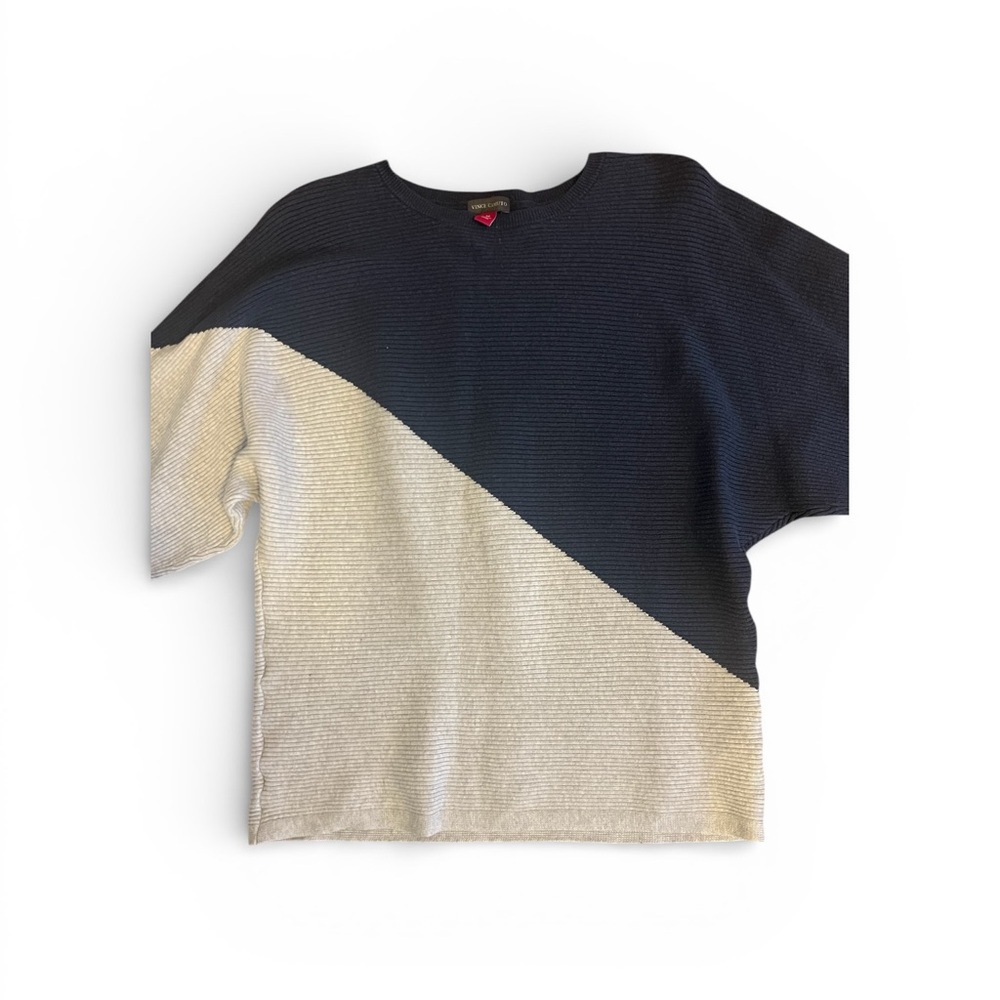 Vince Camuto Navy Beige Colorblock Ribbed Dolman Sleeve Knit Sweater Women Small - Picture 2 of 5
